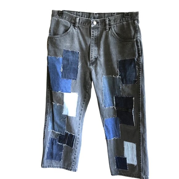 Upcycled Patchwork Long Jean Shorts: Denim Patched Hippie Pants, Waist Size 35 - Picture 4 of 9